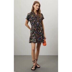 Hutch Peach black floral print Mini Dress W/belted Waist / Ruffled Hem Size L